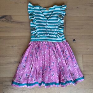 Wildflowers Clothing Girls Teal Striped Pink Floral Ruffle Dress Size 8